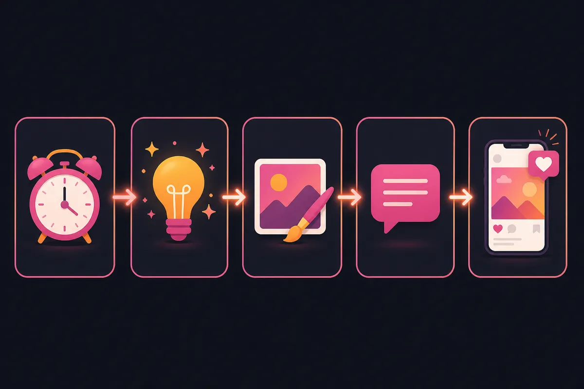 Instagram post automation pipeline from a schedule trigger to an AI idea, AI image, caption and published post