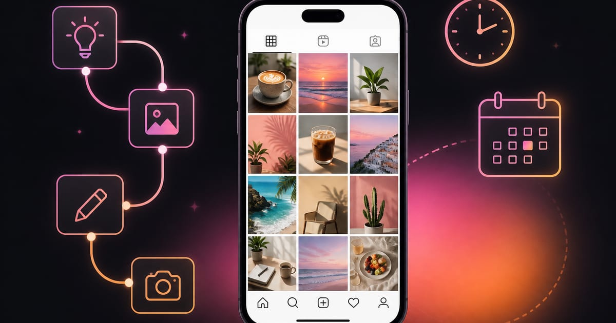 Phone showing an Instagram feed next to a workflow that schedules and auto posts Instagram content for free
