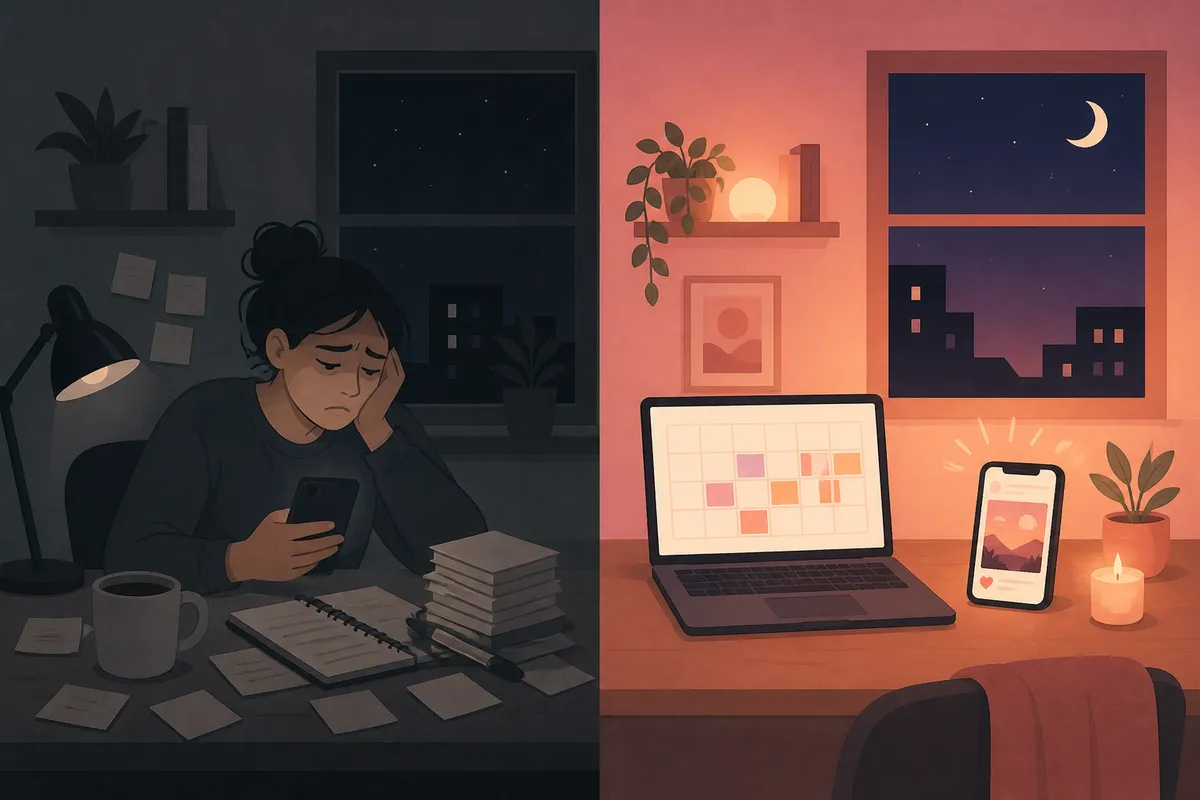 Creator posting to Instagram manually late at night compared with an automated Instagram post schedule running while they sleep